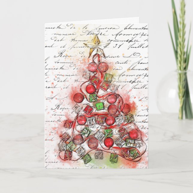 French Script Christmas Tree Red  Holiday Card (Front)