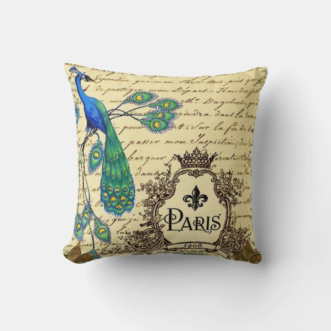 French Script Peacock Paris Decorative Pillow (Front)