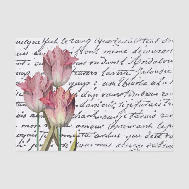 French Script Pink Tulip Flower Vintage Tissue Paper (Front)