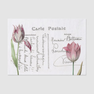 French Script Postcard Pink Tulip Flower Decoupage Tissue Paper