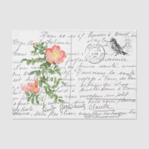 French Script Vintage Briar Rose Bird Postcard  Tissue Paper