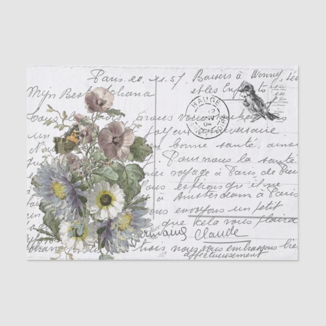 French Script Vintage Flowers Bird Postcard Tissue Paper (Front)