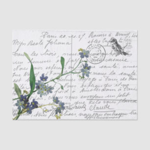 French Script Vintage Forget Me Not Bird Postcard Tissue Paper