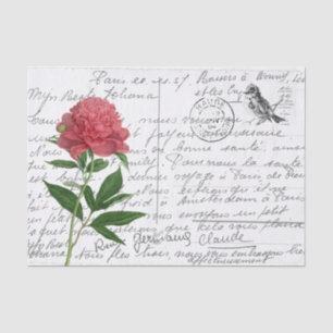 French Script Vintage Peony Bird Postcard Tissue Paper