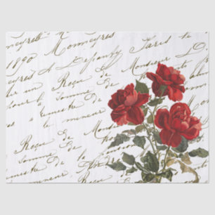 French Script Vintage Red Rose Flower Tissue Paper