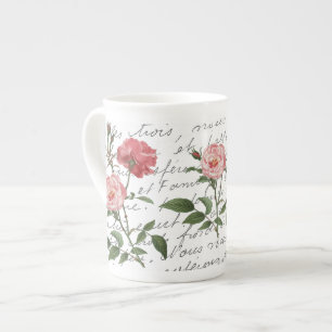 French Script Vintage Rose Flower Carte Postale Bone China Mug