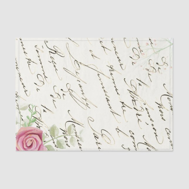 French Script Vintage Rose Tissue Paper (Front)