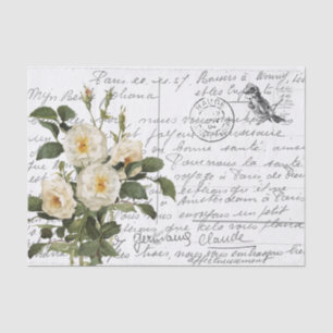 French Script Vintage White Rose Bird Postcard Tissue Paper