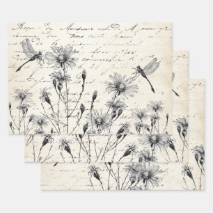 French Script Wildflower Dragonfly Decoupage Craft Wrapping Paper Sheet