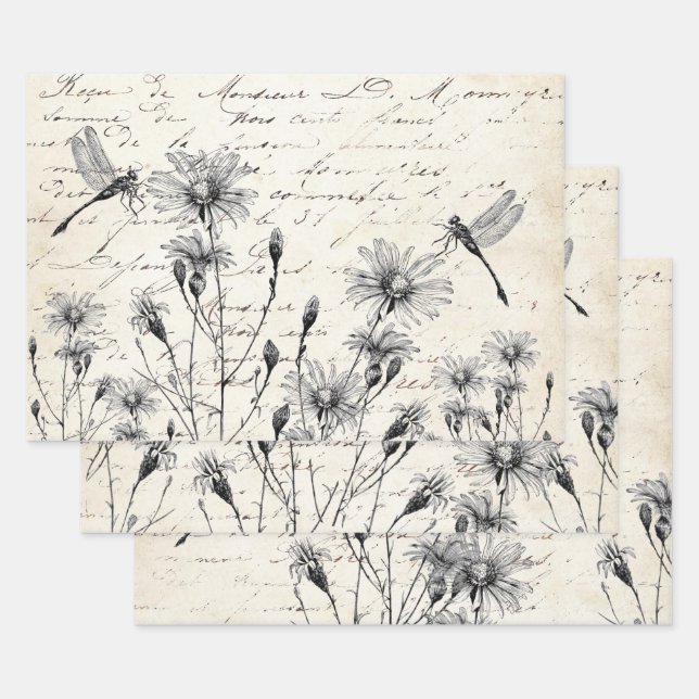French Script Wildflower Dragonfly Decoupage Craft Wrapping Paper Sheet (Set)