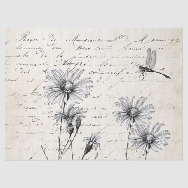 French Script Wildflower Dragonfly Decoupage Tissue Paper (Front)