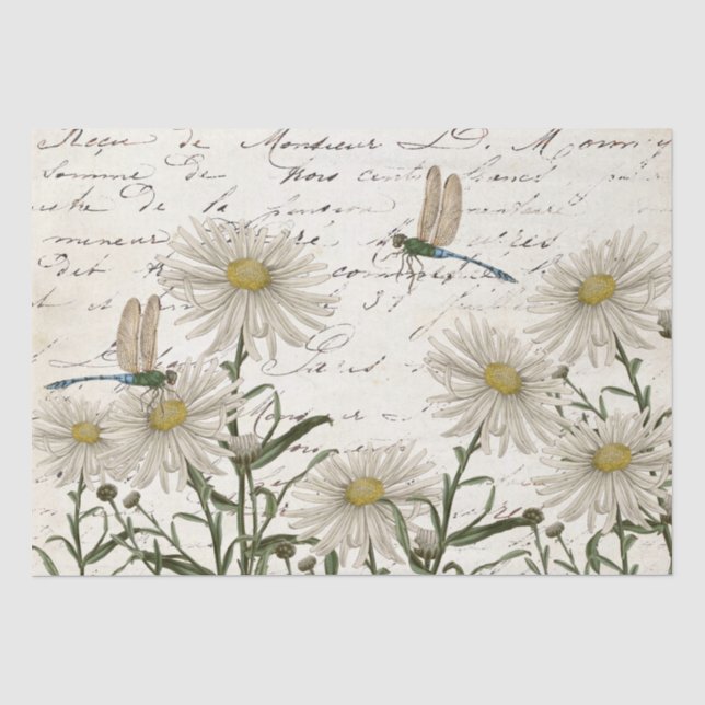 French Script Wildflower Dragonfly Decoupage  Tissue Paper (Front)