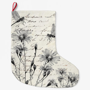 French Script Wildflower Dragonfly Vintage Holiday Large Christmas Stocking