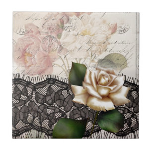 french scripts black lace victorian white rose tile