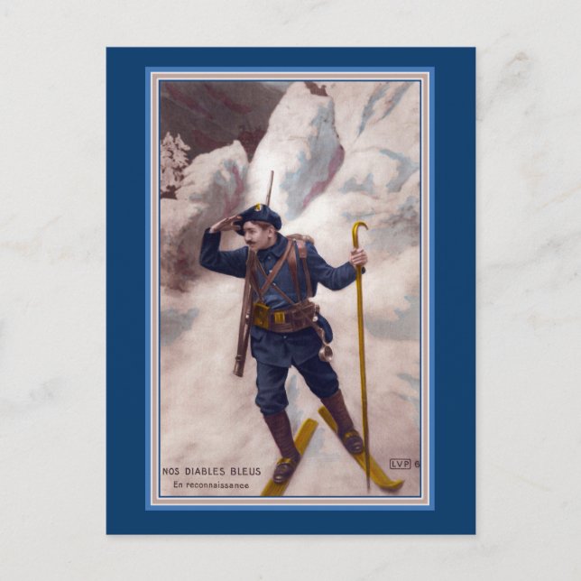 French Soldier on Skis in Alps - Les Diables Bleus Postcard (Front)