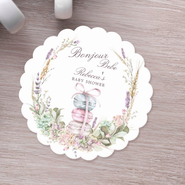 French Stack of Macarons in wreath bonjour bebe Paper Coaster (Creator Uploaded)