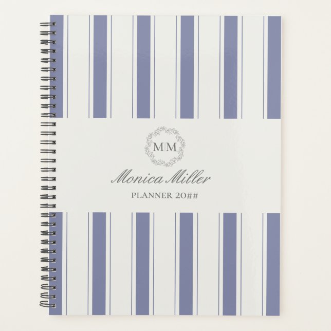 French style blue striped monogram Planner (Front)