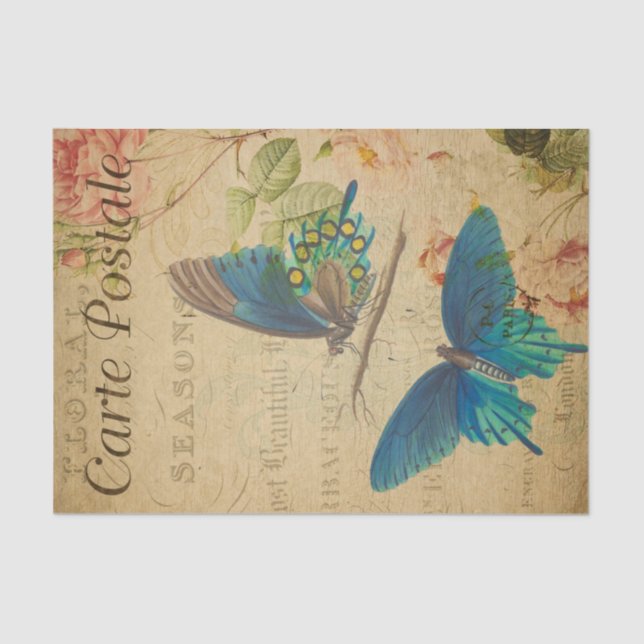 French Style Carte Postale Blue Butterflies Tissue Paper (Front)