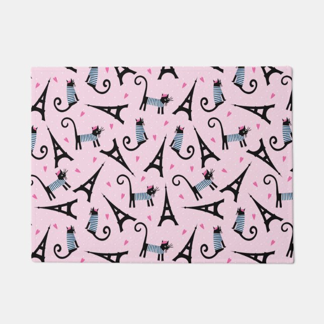 French Style Dressed Cat With Eiffel Tower Pattern Doormat (Front)