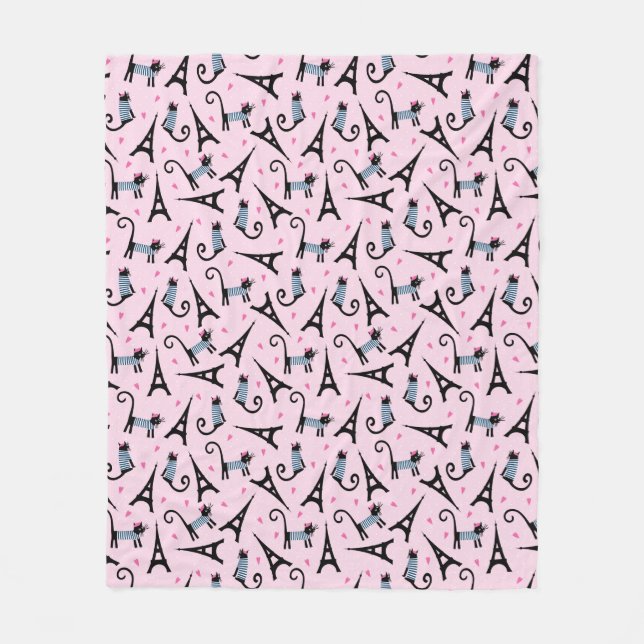 French Style Dressed Cat With Eiffel Tower Pattern Fleece Blanket (Front)