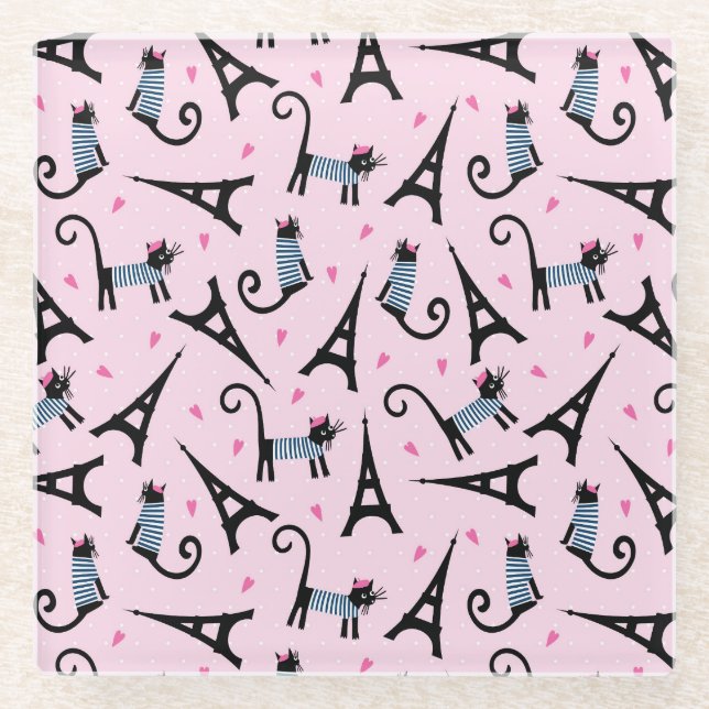 French Style Dressed Cat With Eiffel Tower Pattern Glass Coaster (Front)