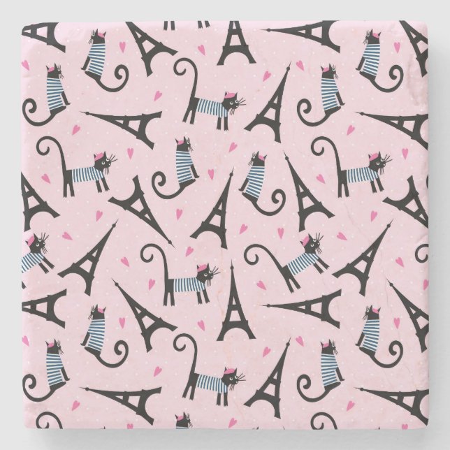 French Style Dressed Cat With Eiffel Tower Pattern Stone Coaster (Front)