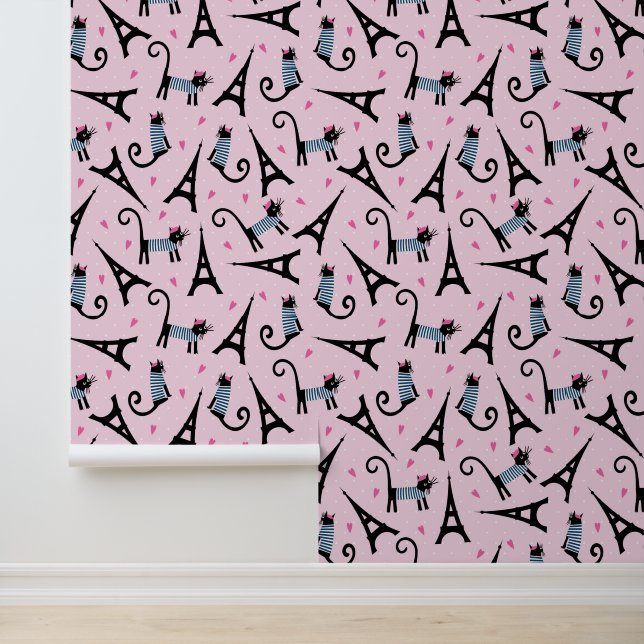 French Style Dressed Cat With Eiffel Tower Pattern Wallpaper (Application)