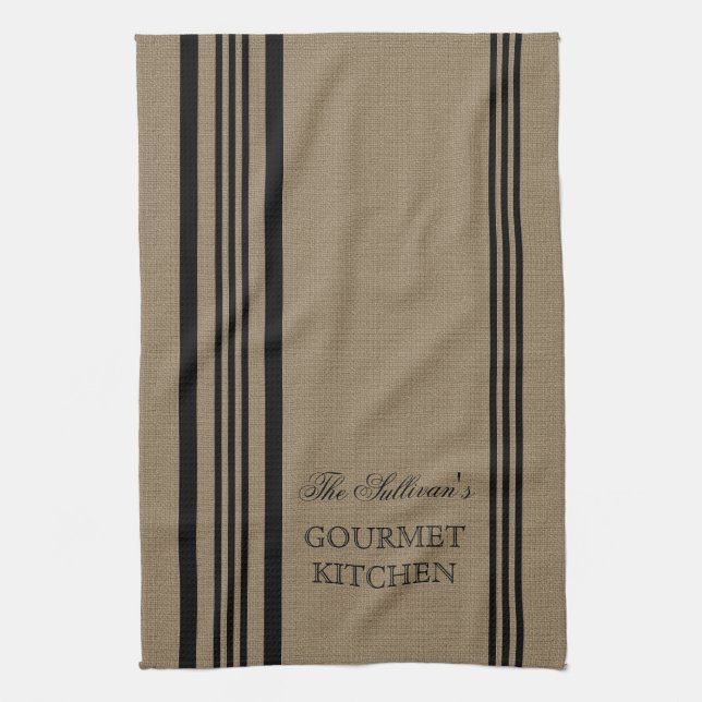 French Style Stripe Burap Personalised Kitchen Tea Towel (Vertical)