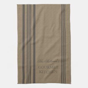 French Style Stripe Burlap Personalised Kitchen Tea Towel