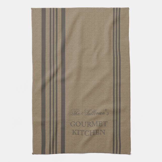 French Style Stripe Burlap Personalised Kitchen Tea Towel (Vertical)