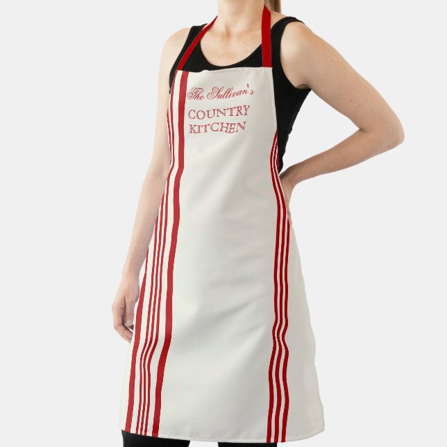 French Style Stripe - Red | Off White Name Apron (Insitu)