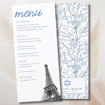 French Toile Bat Mitzvah Eiffel Tower Elegant Menu<br><div class="desc">French Toile Bat Mitzvah Eiffel Tower Elegant dinner reception menu with the option to fully customise all titles and text. The front is black and white with an Eiffel Tower photo and the back features a dainty blue French Floral design and personalised name and event text. Enter the Zazzle Design...</div>