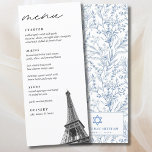 French Toile Bat Mitzvah Eiffel Tower Elegant Menu<br><div class="desc">French Toile Bat Mitzvah Eiffel Tower Elegant dinner reception menu with the option to fully customise all titles and text. The front is black and white with an Eiffel Tower photo and the back features a dainty blue French Floral design and personalised name and event text. Enter the Zazzle Design...</div>