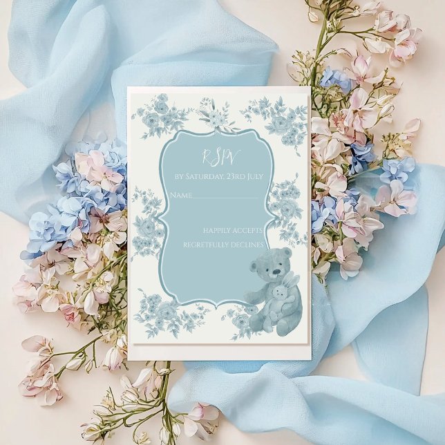 French Toile Bear and Bunny Baby Shower RSVP Card (Creator Uploaded)