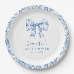 French Toile Blue Bow Vintage Baby Boy Shower Paper Plate