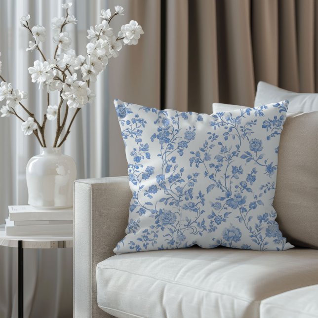 French Toile Blue Floral Cushion (Creator Uploaded)