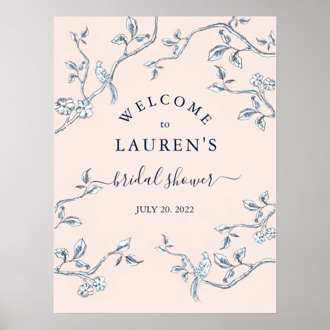 French Toile Blue & Pink Bridal shower Welcome  Poster (Front)