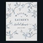 French Toile Blue & white Bridal shower Welcome  Faux Canvas Print<br><div class="desc">Elegant and simple Blue and white French toile birds on tree branch pattern Bridal shower Welcome poster.</div>