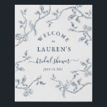 French Toile Blue & white Bridal shower Welcome  Faux Canvas Print<br><div class="desc">Elegant and simple Blue and white French toile birds on tree branch pattern Bridal shower Welcome poster.</div>