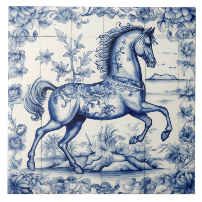 French Toile Carousel Horse Ceramic Tile (Front)