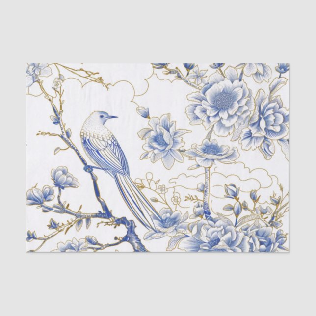 French-Toile Chinoiserie Bird in Blue and Gold Tissue Paper (Front)