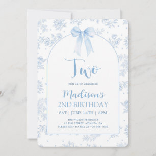 French Toile Chinoiserie Blue Bow 2nd Birthday Invitation