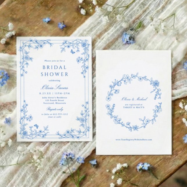 French Toile Chinoiserie Blue White Bridal Shower Invitation (Blue and white wildflower bridal shower invitation with French vintage toile corner florals)