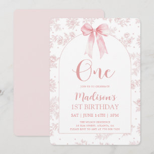 French Toile Chinoiserie Pink Bow 1st Birthday Invitation