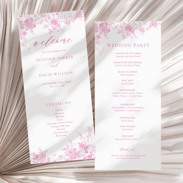 French Toile Classic Pink Floral Wedding Program (Creator Uploaded)