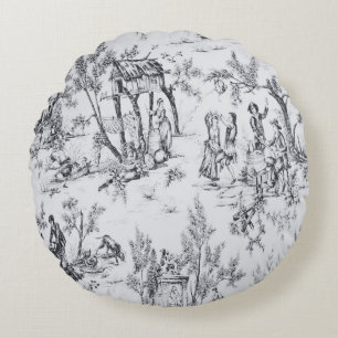 French toile de jouy black and white elegant art round cushion