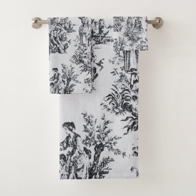 French toile de jouy black and white elegant bath towel set (Insitu)