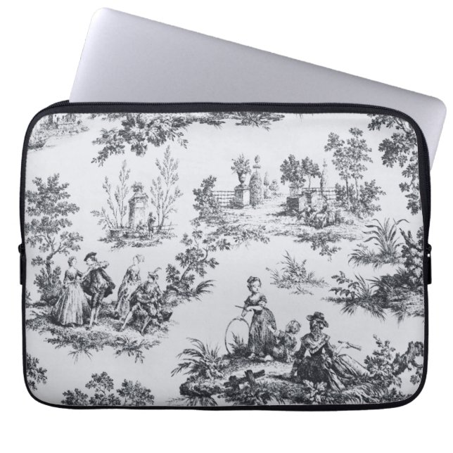 French toile de jouy black and white elegant laptop sleeve (Front)