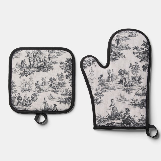 French toile de jouy black and white elegant oven mitt & pot holder set (Front)