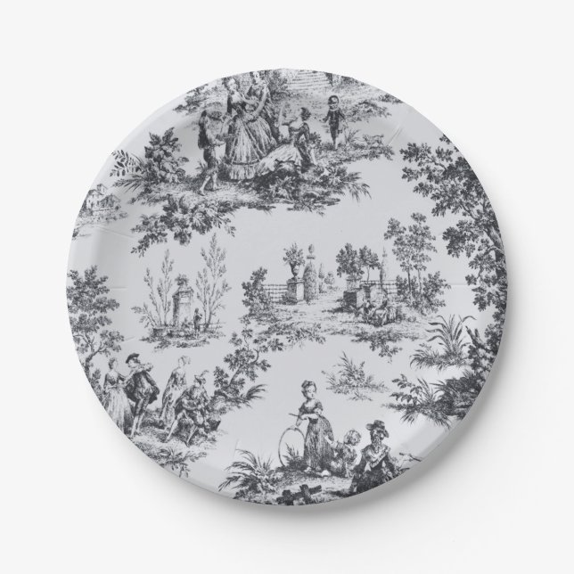French toile de jouy black and white elegant paper plate (Front)